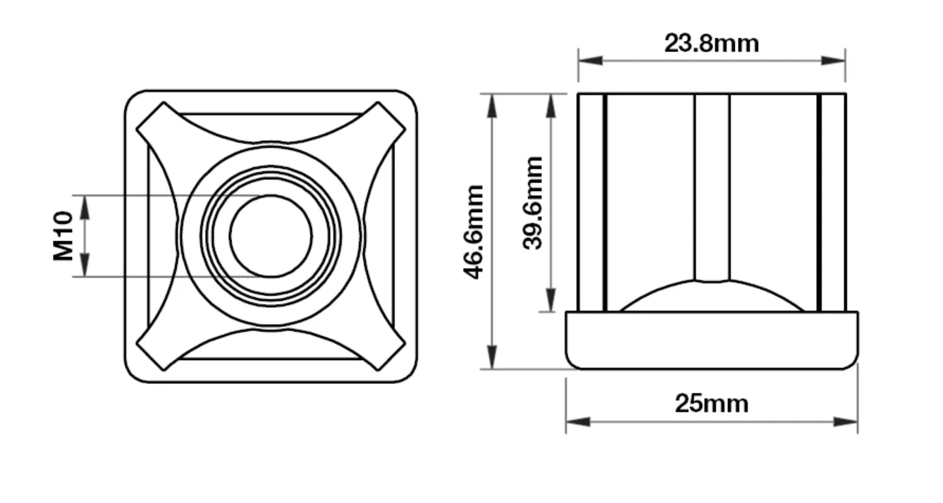 25mm Square M10 Threaded Tube End Mild Steel (PC-TIR25SQM10)