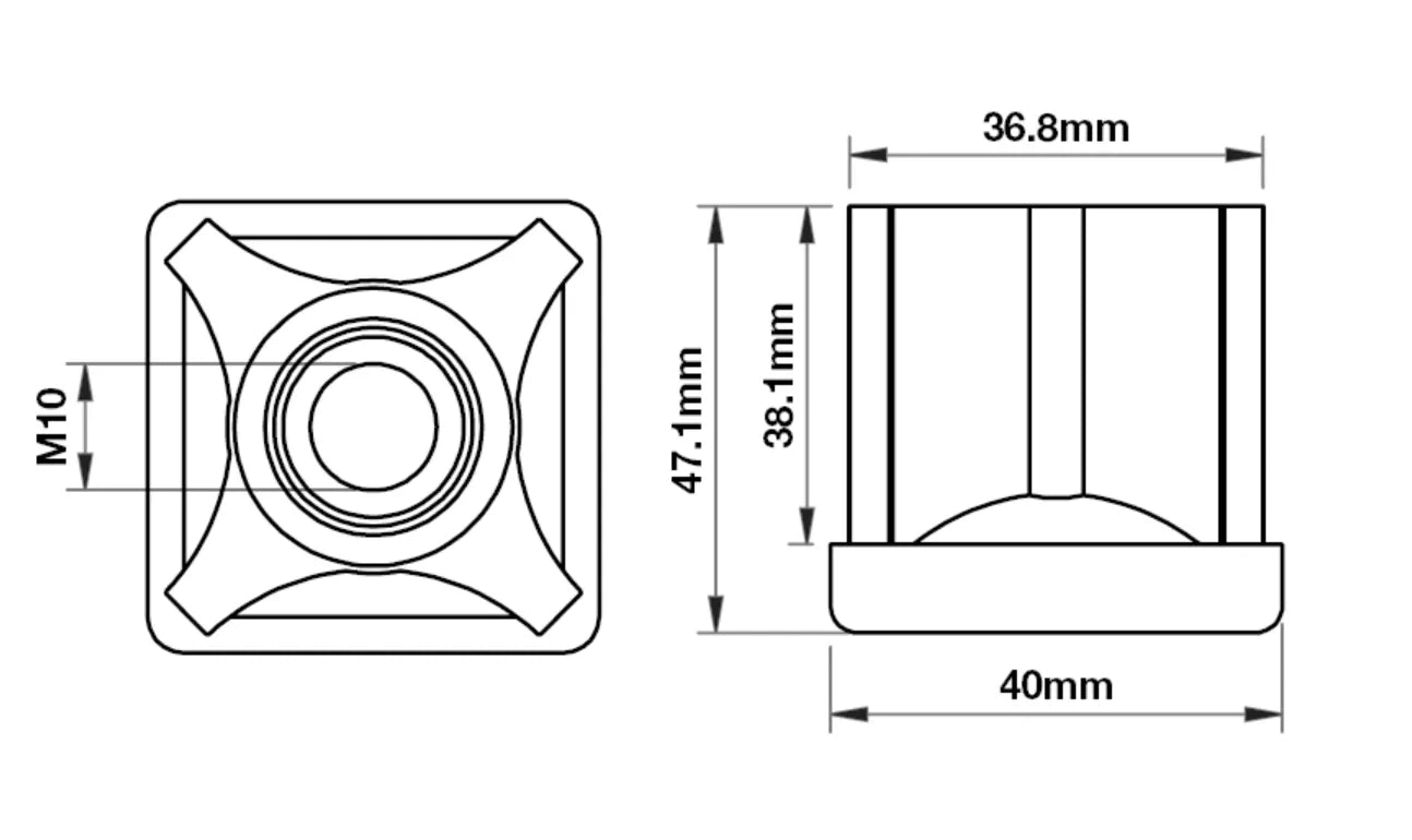 40mm Square M10 Threaded Tube End Mild Steel (PC-TIR40SQM10)