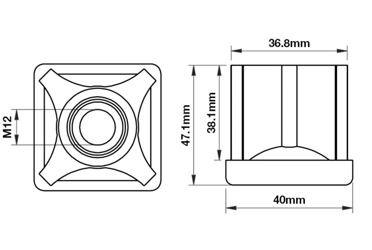 40mm Square M12 Threaded Tube End Mild Steel (PC-TIR40SQM12)